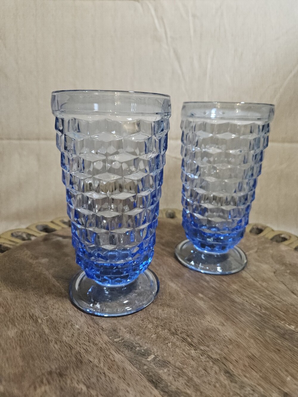 Vintage Indiana Colony Whitehall Light Blue Cubist Footed Ice Tea Glasses Set 2